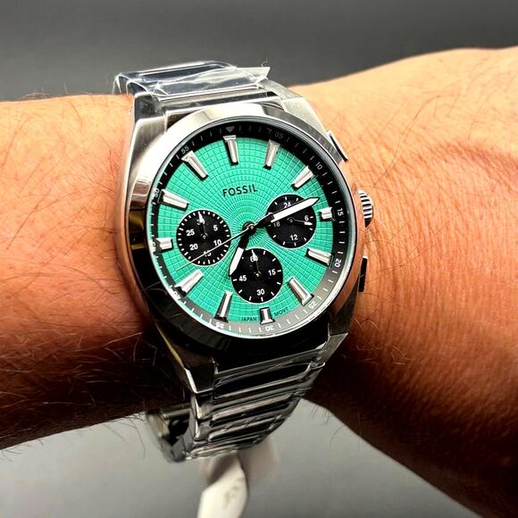 Fossil Mens FS6117 Everett Chronograph 44mm Stainless Steel Turquoise Dial NIBWT - Picture 14 of 17